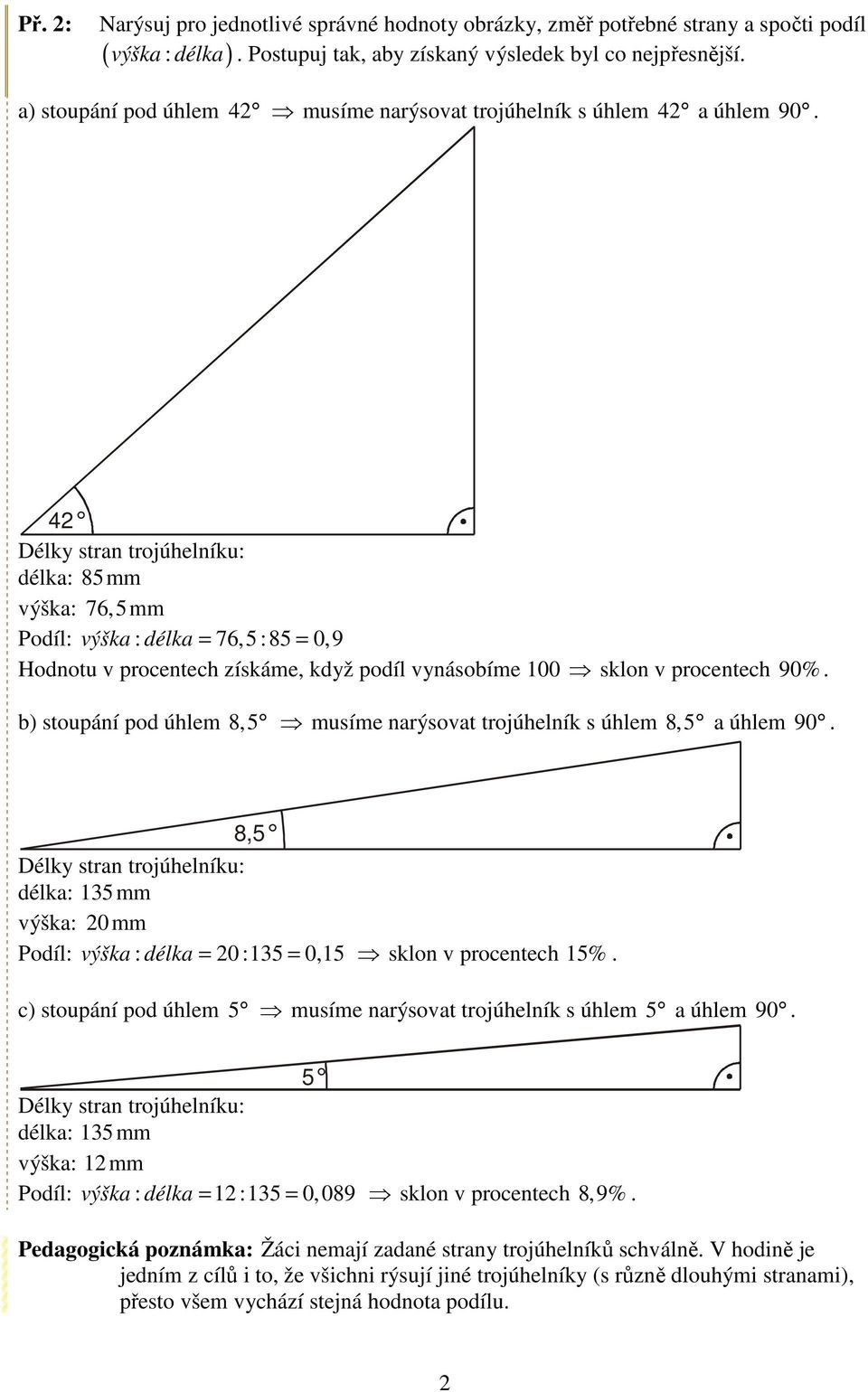 42 délka: 85mm výška: 76,5mm Podíl: výška : délka = 76,5 : 85 = 0,9 Hodnotu v procentech získáme, když podíl vynásobíme 100 sklon v procentech 90%.