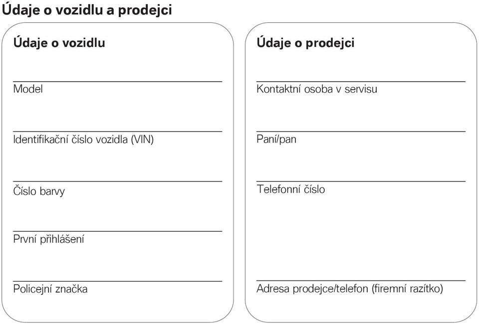 (VIN) Paní/pan Číslo barvy Telefonní číslo První přihlášení