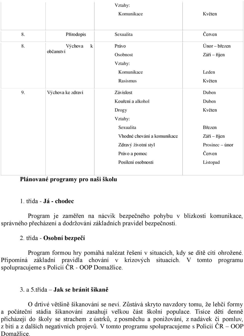 pro naši školu 1 třída - Já - chodec Program je zaměřen na nácvik bezpečného pohybu v blízkosti komunikace, správného přecházení a dodržování základních pravidel bezpečnosti 2 třída - Osobní bezpečí