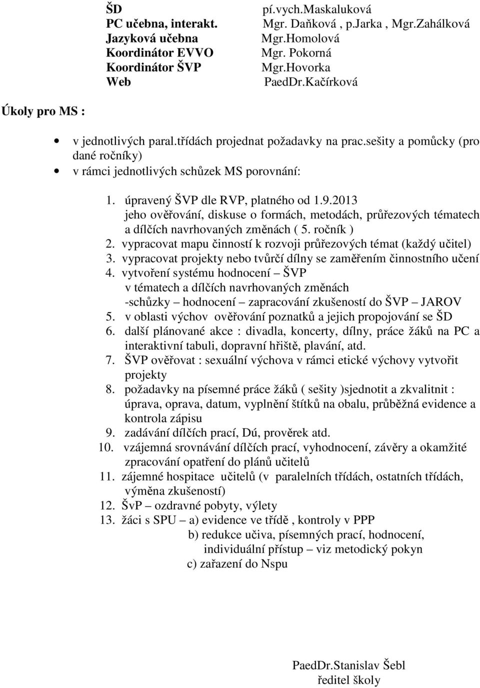 9.2013 jeho ověřování, diskuse o formách, metodách, průřezových tématech a dílčích navrhovaných změnách ( 5. ročník ) 2. vypracovat mapu činností k rozvoji průřezových témat (každý učitel) 3.