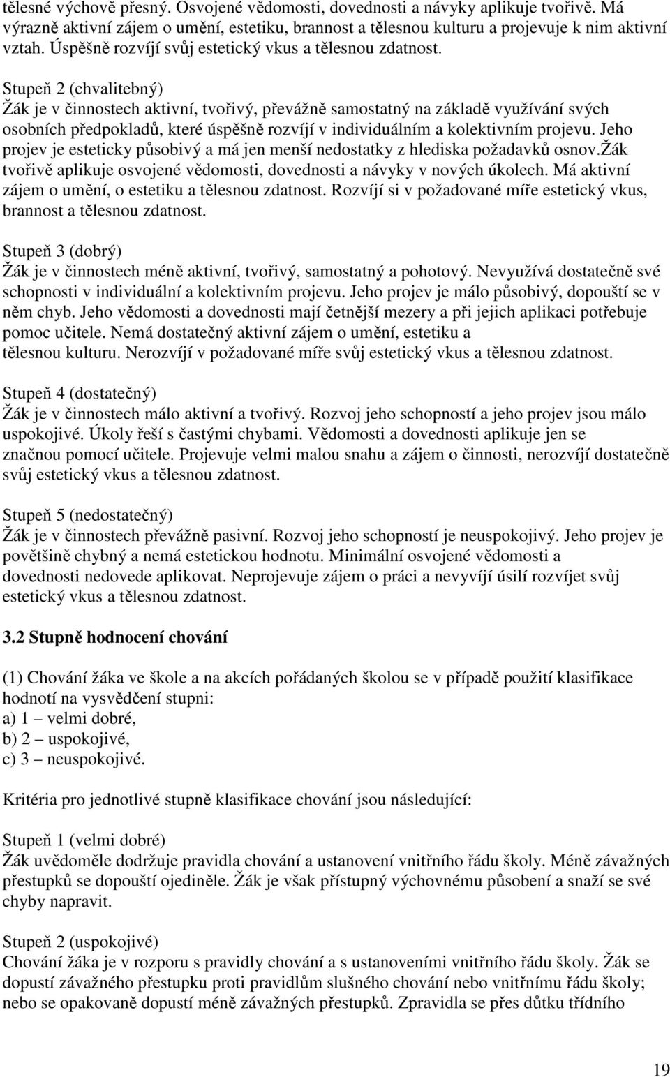 Stupeň 2 (chvalitebný) Žák je v činnostech aktivní, tvořivý, převážně samostatný na základě využívání svých osobních předpokladů, které úspěšně rozvíjí v individuálním a kolektivním projevu.