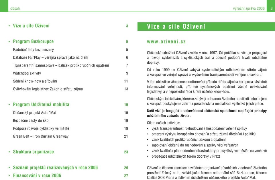 projekt Auto*Mat 15 Bezpečné cesty do škol 19 Podpora rozvoje cyklistiky ve městě 19 Green Belt Iron Curtain Greenway 1 Struktura organizace 23 www.oziveni.