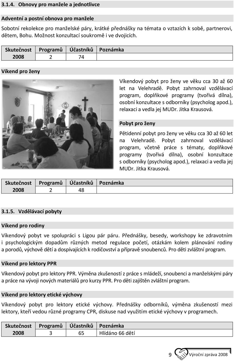 Pobyt zahrnoval vzdělávací program, doplňkové programy (tvořivá dílna), osobní konzultace s odborníky (psycholog apod.), relaxaci a vedla jej MUDr. Jitka Krausová.