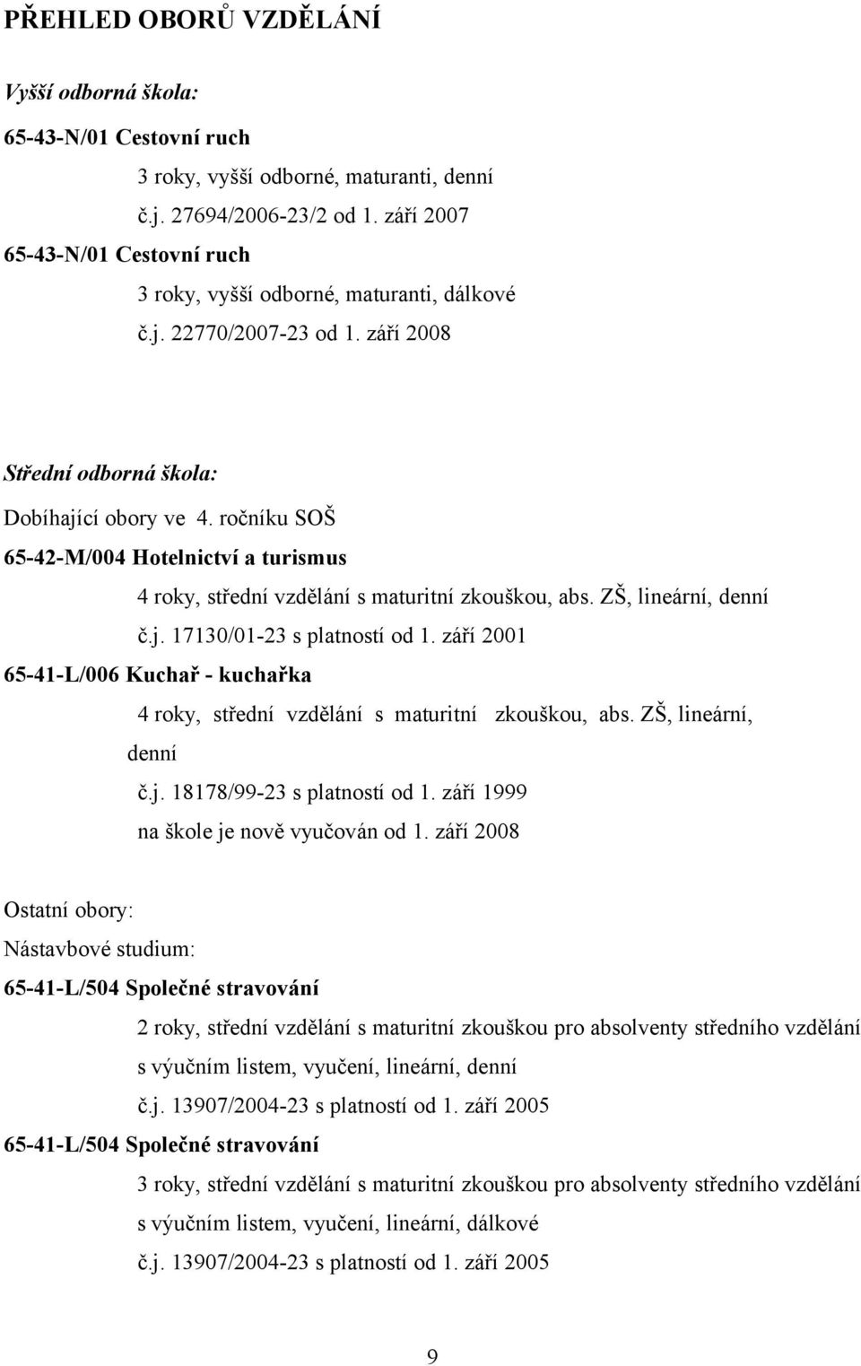 ročníku SOŠ 65-42-M/004 Hotelnictví a turismus 4 roky, střední vzdělání s maturitní zkouškou, abs. ZŠ, lineární, denní č.j. 17130/01-23 s platností od 1.