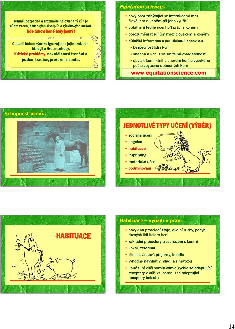 = etologie a teorie učení v jezdecké praxi 79 Equitation science nový obor zabývající se interakcemi mezi člověkem a koněm při jeho využití uplatnění teorie učení při práci s koněm porozumění