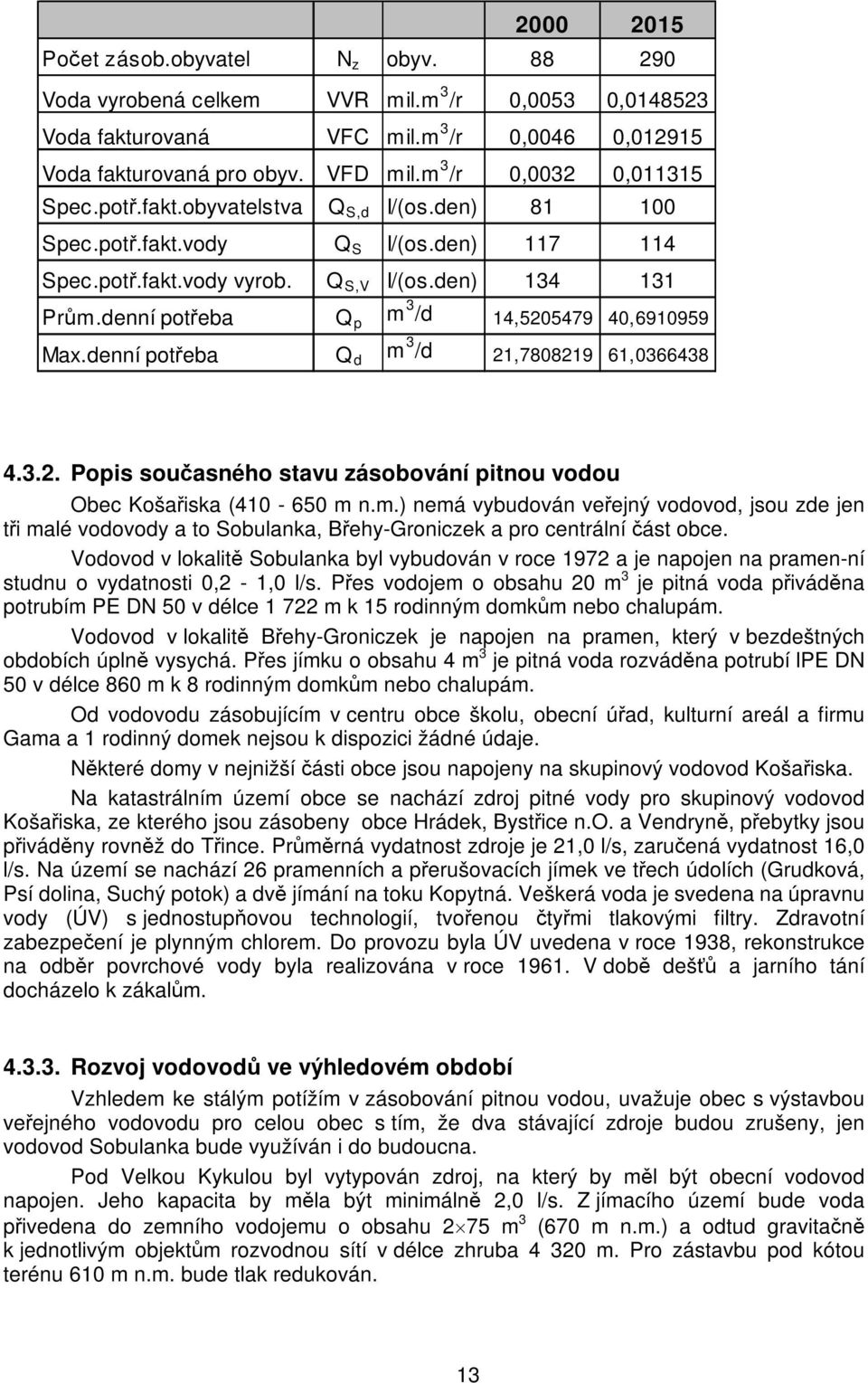 denní potřeba Q p m 3 /d 14,5205479 40,6910959 Max.denní potřeba Q d m 3 /d 21,7808219 61,0366438 4.3.2. Popis současného stavu zásobování pitnou vodou Obec Košařiska (410-650 m n.m.) nemá vybudován veřejný vodovod, jsou zde jen tři malé vodovody a to Sobulanka, Břehy-Groniczek a pro centrální část obce.