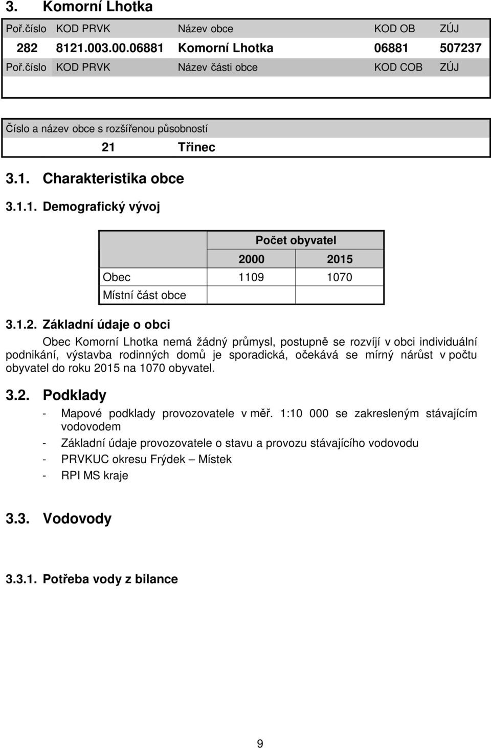 1.2. Základní údaje o obci Obec Komorní Lhotka nemá žádný průmysl, postupně se rozvíjí v obci individuální podnikání, výstavba rodinných domů je sporadická, očekává se mírný nárůst v počtu obyvatel