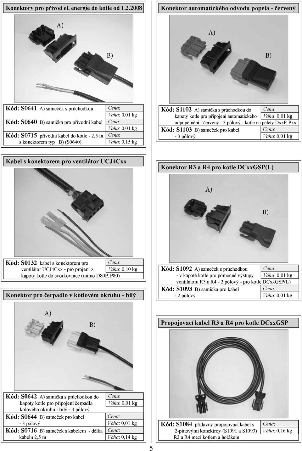B) (S0640) Váha: 0,15 kg Kód: S1102 A) samička s průchodkou do kapoty kotle pro připojení automatického odpopelnění - červený - 3 pólový - kotle na pelety DxxP, Pxx Kód: S1103 B) sameček pro kabel -