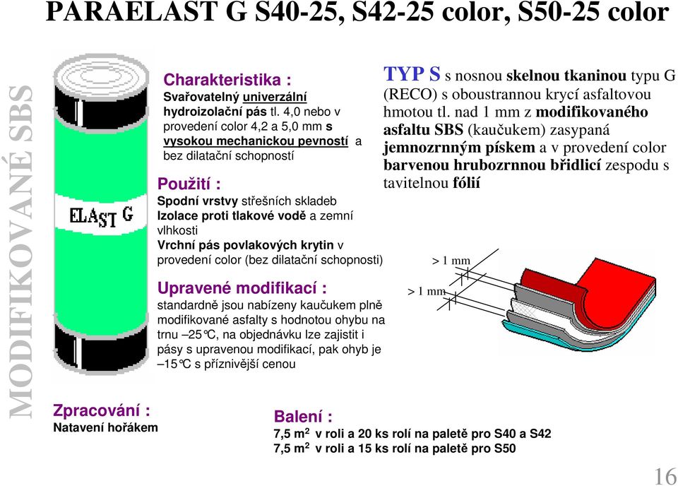 krytin v provedení color (bez dilatační schopnosti) Upravené modifikací : standardně jsou nabízeny kaučukem plně modifikované asfalty s hodnotou ohybu na trnu 25 C, na objednávku lze zajistit i pásy