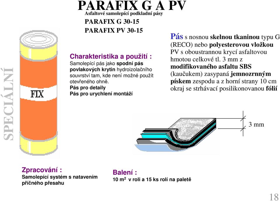 Pás pro detaily Pás pro urychlení montáží Pás s nosnou skelnou tkaninou typu G (RECO) nebo polyesterovou vložkou PV s oboustrannou krycí asfaltovou hmotou