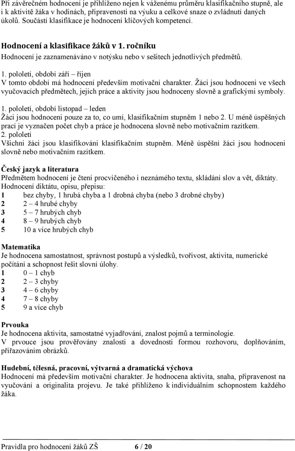 Žáci jsou hodnoceni ve všech vyučovacích předmětech, jejich práce a aktivity jsou hodnoceny slovně a grafickými symboly. 1.