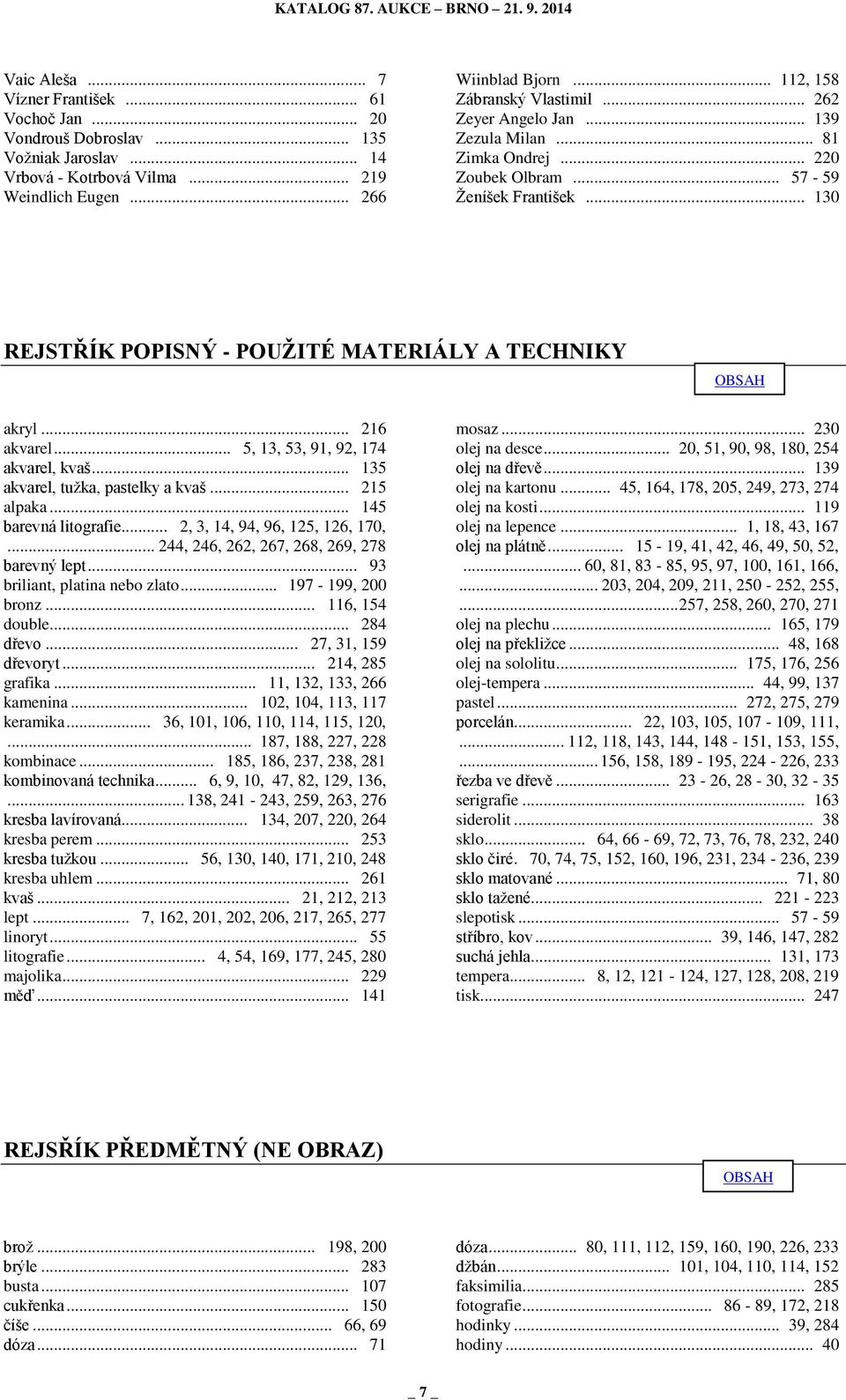 .. 130 REJSTŘÍK POPISNÝ - POUŽITÉ MATERIÁLY A TECHNIKY OBSAH akryl... 216 akvarel... 5, 13, 53, 91, 92, 174 akvarel, kvaš... 135 akvarel, tužka, pastelky a kvaš... 215 alpaka... 145 barevná litografie.