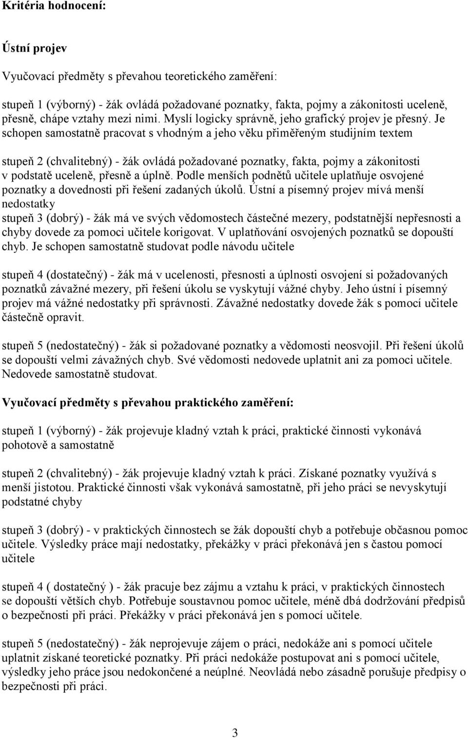 Je schopen samostatně pracovat s vhodným a jeho věku přiměřeným studijním textem stupeň 2 (chvalitebný) - žák ovládá požadované poznatky, fakta, pojmy a zákonitosti v podstatě uceleně, přesně a úplně.