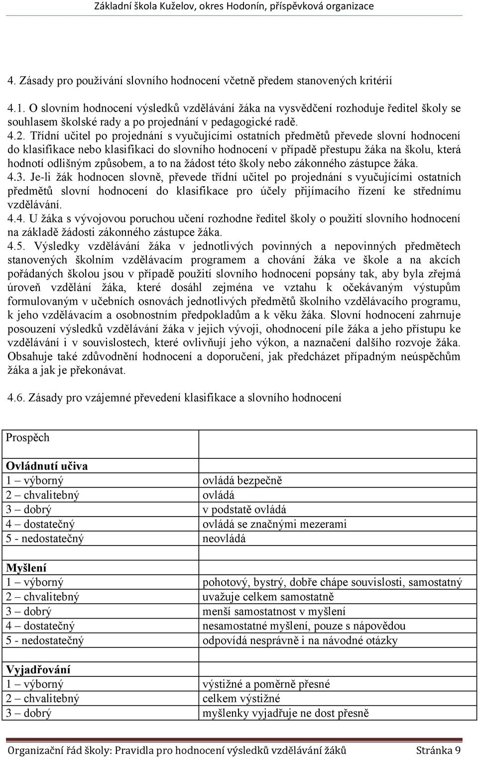 Třídní učitel po projednání s vyučujícími ostatních předmětů převede slovní hodnocení do klasifikace nebo klasifikaci do slovního hodnocení v případě přestupu žáka na školu, která hodnotí odlišným