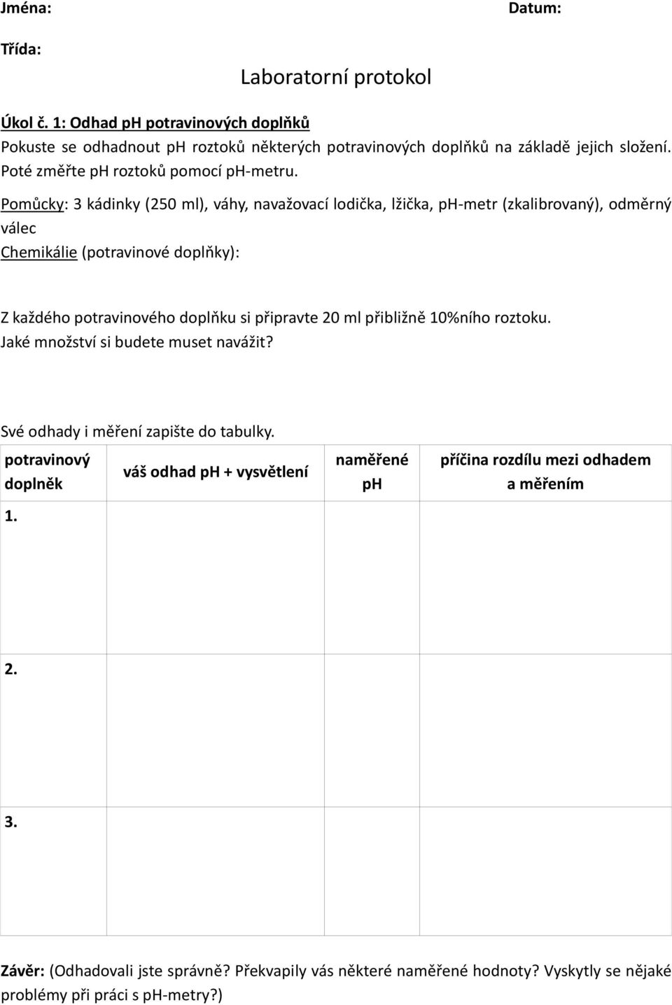 Pomůcky: 3 kádinky (250 ml), váhy, navažovací lodička, lžička, ph-metr (zkalibrovaný), odměrný válec Chemikálie (potravinové doplňky): Z každého potravinového doplňku si připravte 20