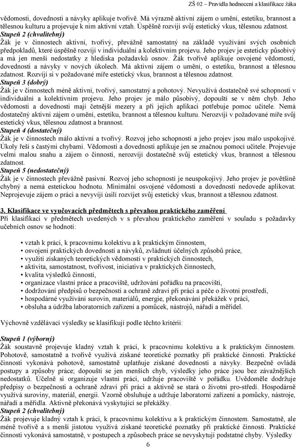 Stupeň 2 (chvalitebný) Žák je v činnostech aktivní, tvořivý, převážně samostatný na základě využívání svých osobních předpokladů, které úspěšně rozvíjí v individuální a kolektivním projevu.