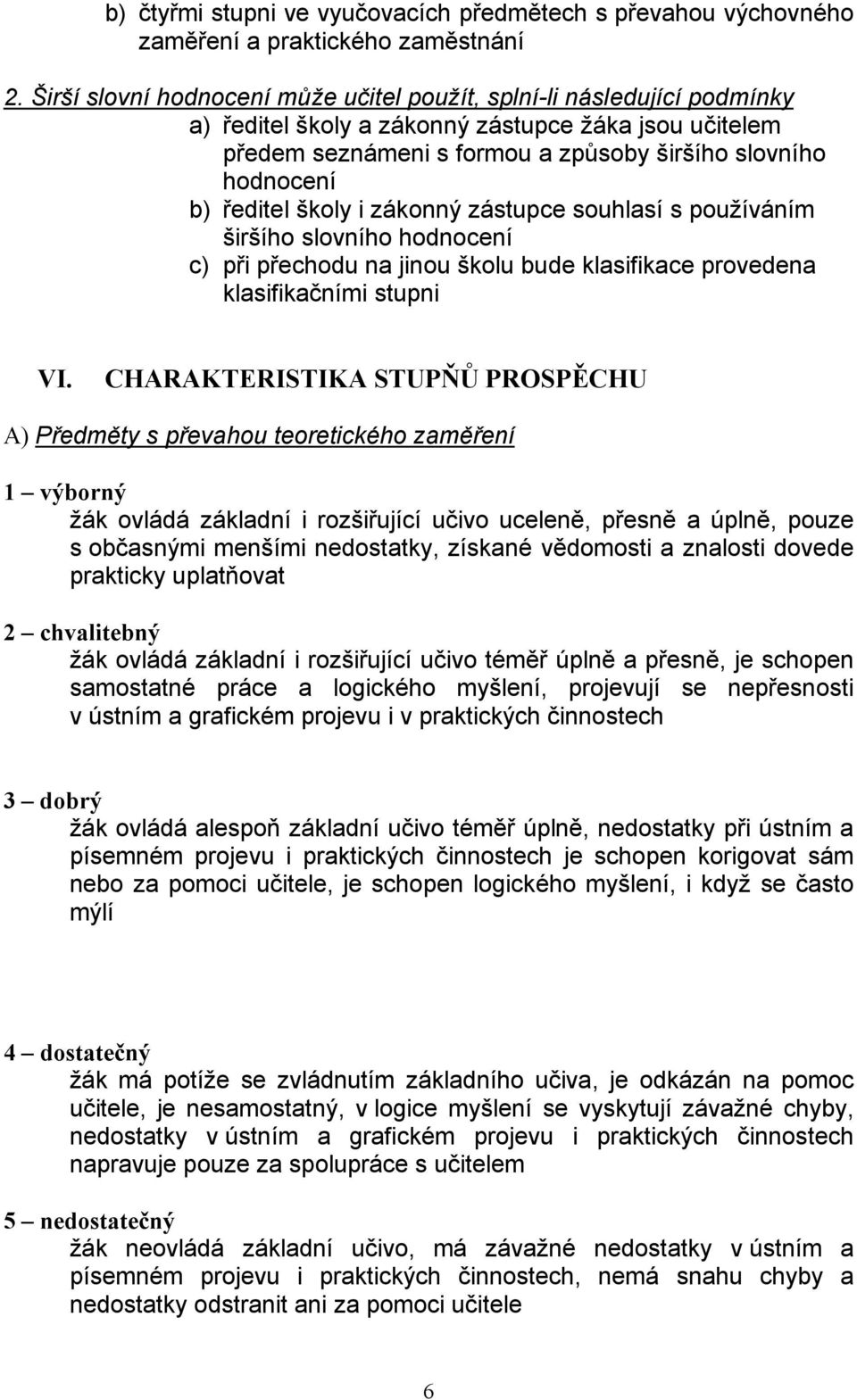 ředitel školy i zákonný zástupce souhlasí s používáním širšího slovního hodnocení c) při přechodu na jinou školu bude klasifikace provedena klasifikačními stupni VI.