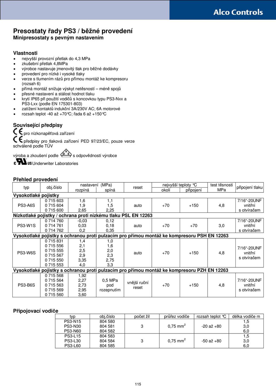 koncovkou typu PS3-Nxx a PS3-Lxx (podle EN 175301-803) zatížení kontaktů indukční 3A/230V AC; 6A motorové rozsah teplot -40 až +70 C; řada 6 až +150 C Související předpisy pro nízkonapěťová zařízení