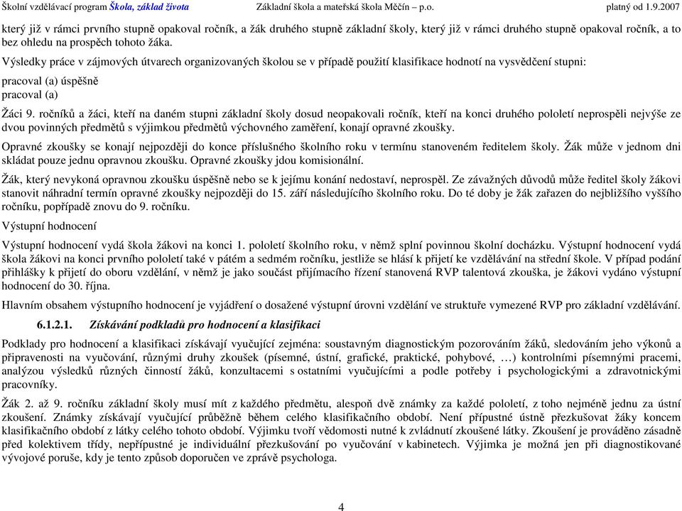 Výsledky práce v zájmvých útvarech rganizvaných šklu se v případě pužití klasifikace hdntí na vysvědčení stupni: pracval (a) úspěšně pracval (a) Žáci 9.