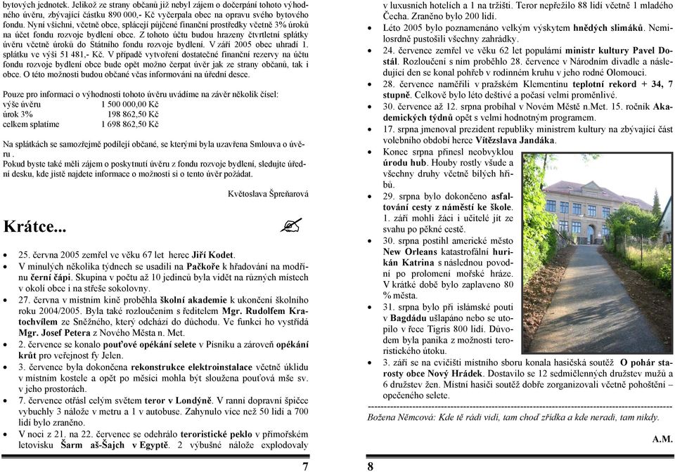 Z tohoto účtu budou hrazeny čtvrtletní splátky úvěru včetně úroků do Státního fondu rozvoje bydlení. V září 2005 obec uhradí 1. splátku ve výši 51 481,- Kč.