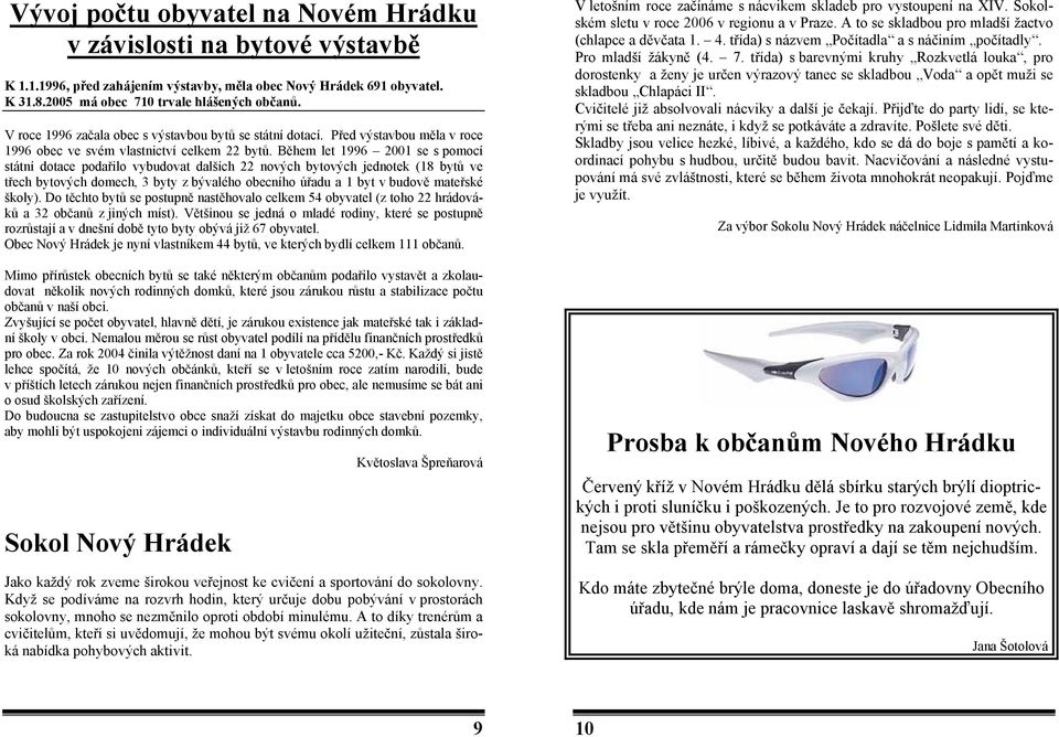 Během let 1996 2001 se s pomocí státní dotace podařilo vybudovat dalších 22 nových bytových jednotek (18 bytů ve třech bytových domech, 3 byty z bývalého obecního úřadu a 1 byt v budově mateřské