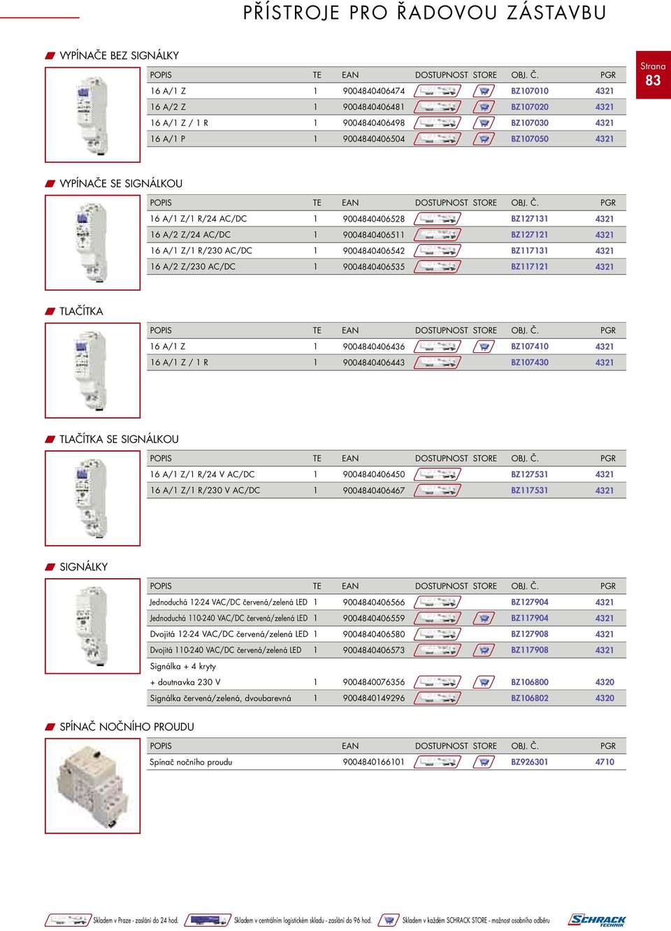 9004840406436 BZ107410 16 A/1 Z / 1 R 1 9004840406443 BZ107430 W TLAČÍTKA SE SIGNÁLKOU 16 A/1 Z/1 R/24 V AC/DC 1 9004840406450 BZ127531 16 A/1 Z/1 R/230 V AC/DC 1 9004840406467 BZ117531 W SIGNÁLKY