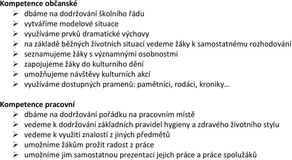 dostupných pramenů: pamětníci, rodáci, kroniky Kompetence pracovní dbáme na dodržování pořádku na pracovním místě vedeme k dodržování základních pravidel hygieny