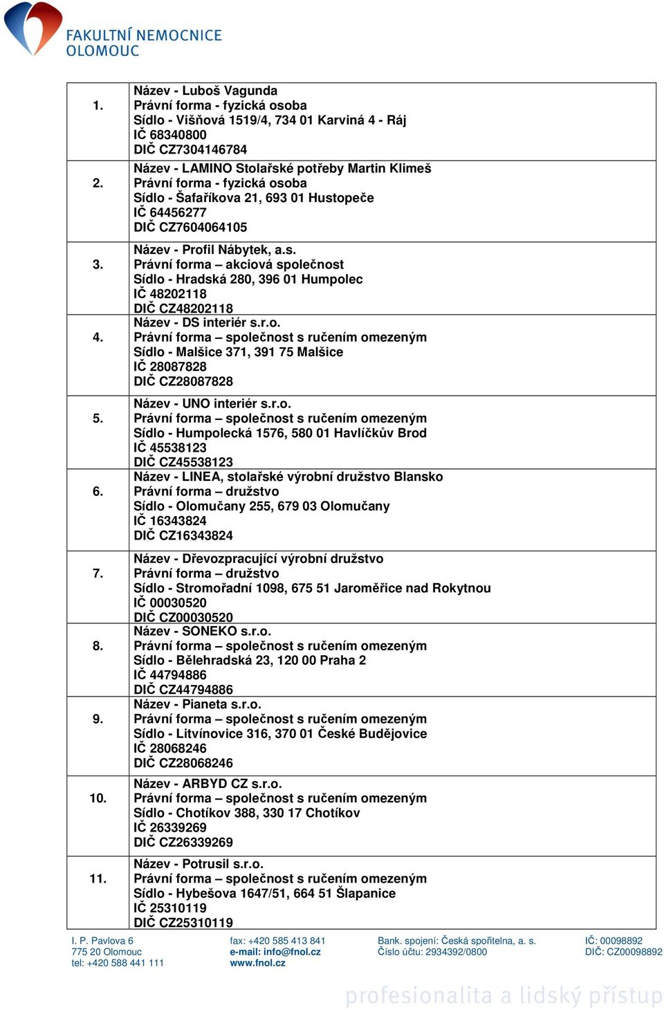 DIČ CZ7604064105 Název - Profil Nábytek, a.s. Právní forma akciová společnost Sídlo - Hradská 280, 396 01 Humpolec IČ 48202118 DIČ CZ48202118 Název - DS interiér s.r.o. Sídlo - Malšice 371, 391 75 Malšice IČ 28087828 DIČ CZ28087828 Název - UNO interiér s.