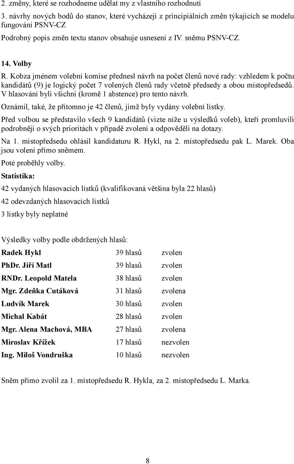 Kobza jménem volební komise přednesl návrh na počet členů nové rady: vzhledem k počtu kandidátů (9) je logický počet 7 volených členů rady včetně předsedy a obou místopředsedů.