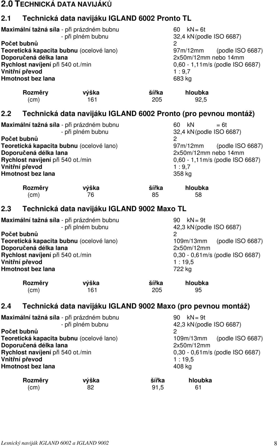 97m/12mm (podle ISO 6687) Doporučená délka lana 2x50m/12mm nebo 14mm Rychlost navíjení při 540 ot.