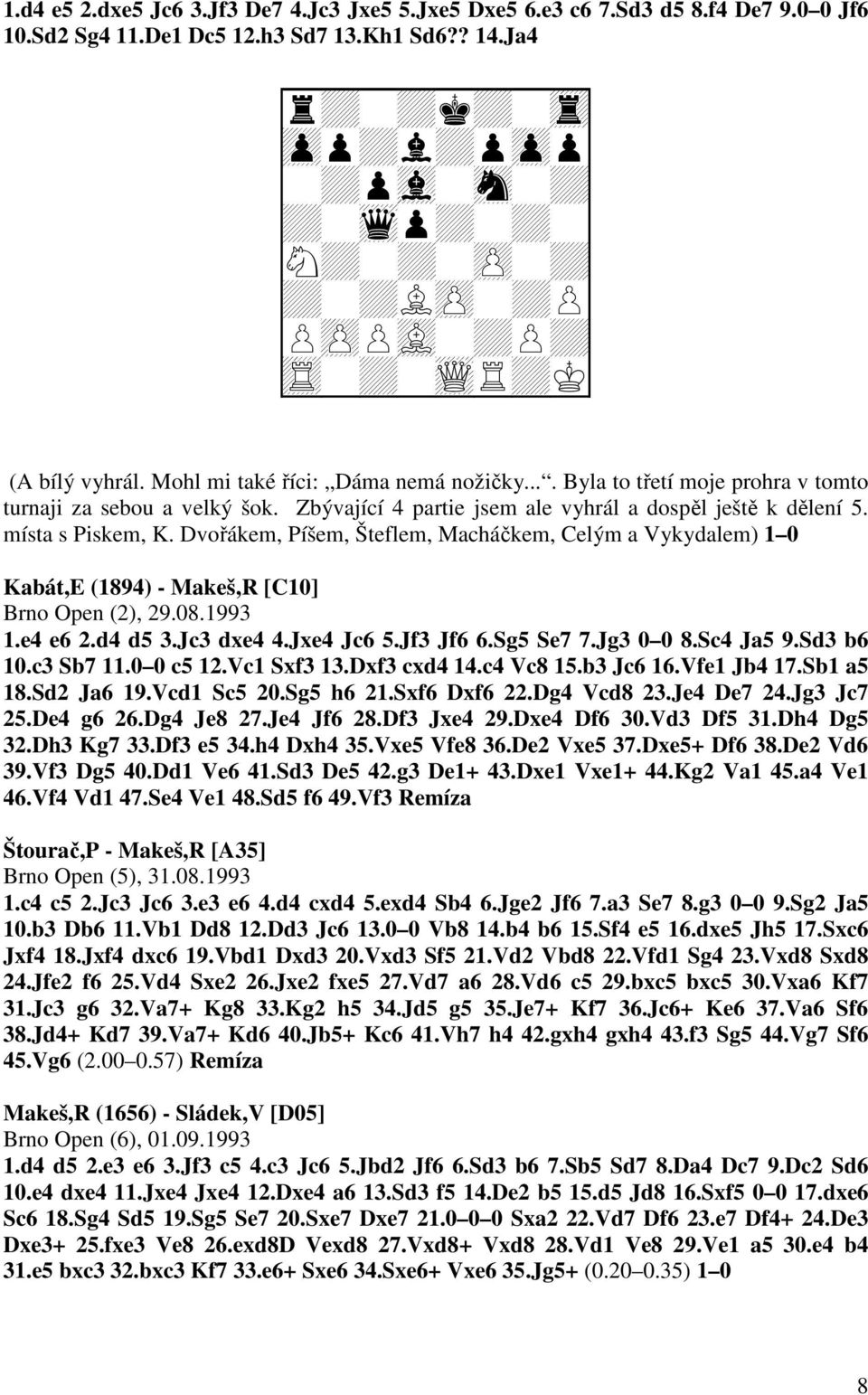 Dvořákem, Píšem, Šteflem, Macháčkem, Celým a Vykydalem) 1 0 Kabát,E (1894) - Makeš,R [C10] Brno Open (2), 29.08.1993 1.e4 e6 2.d4 d5 3.Jc3 dxe4 4.Jxe4 Jc6 5.Jf3 Jf6 6.Sg5 Se7 7.Jg3 0 0 8.Sc4 Ja5 9.
