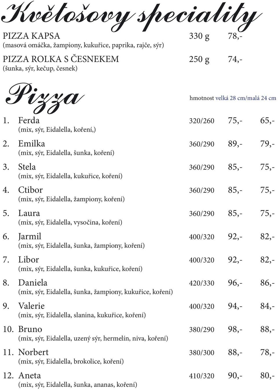 Ctibor 360/290 85,- 75,- (mix, sýr, Eidalella, žampiony, koření) 5. Laura 360/290 85,- 75,- (mix, sýr, Eidalella, vysočina, koření) 6.