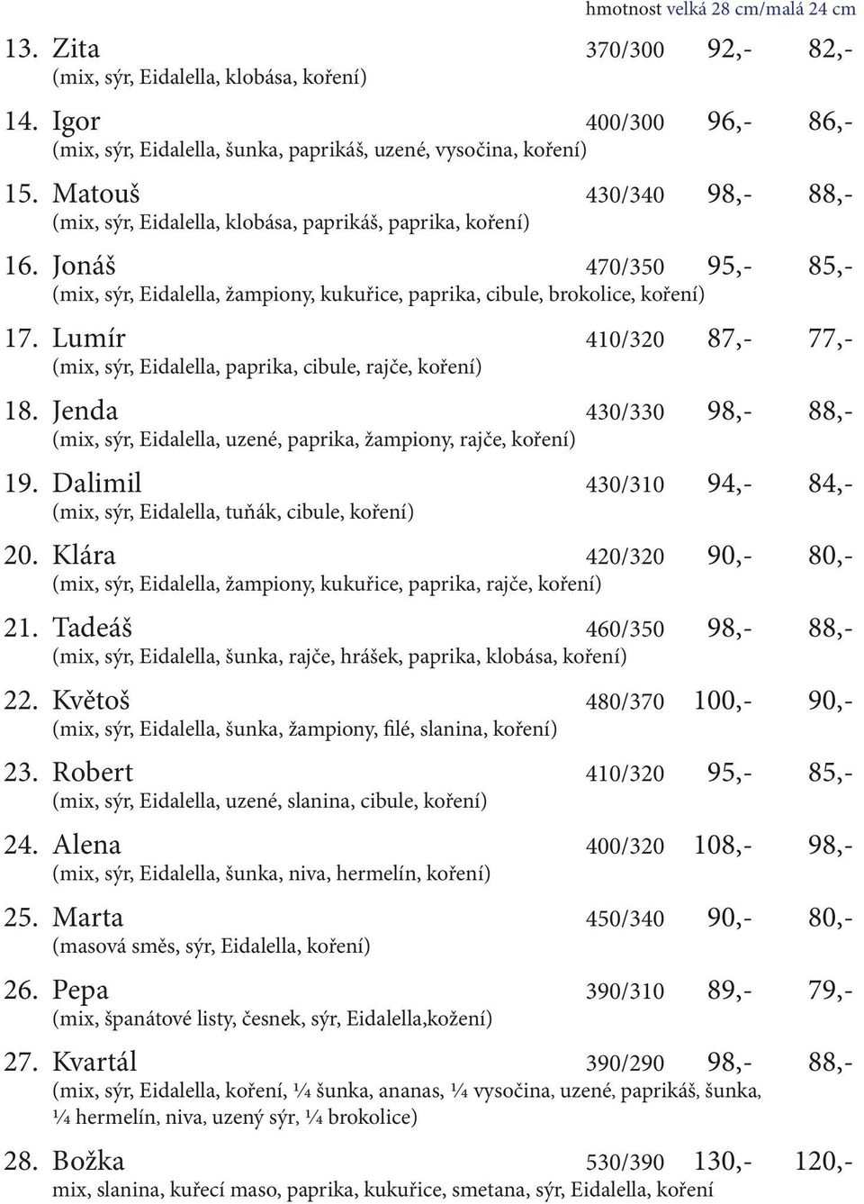 Lumír 410/320 87,- 77,- (mix, sýr, Eidalella, paprika, cibule, rajče, koření) 18. Jenda 430/330 98,- 88,- (mix, sýr, Eidalella, uzené, paprika, žampiony, rajče, koření) 19.