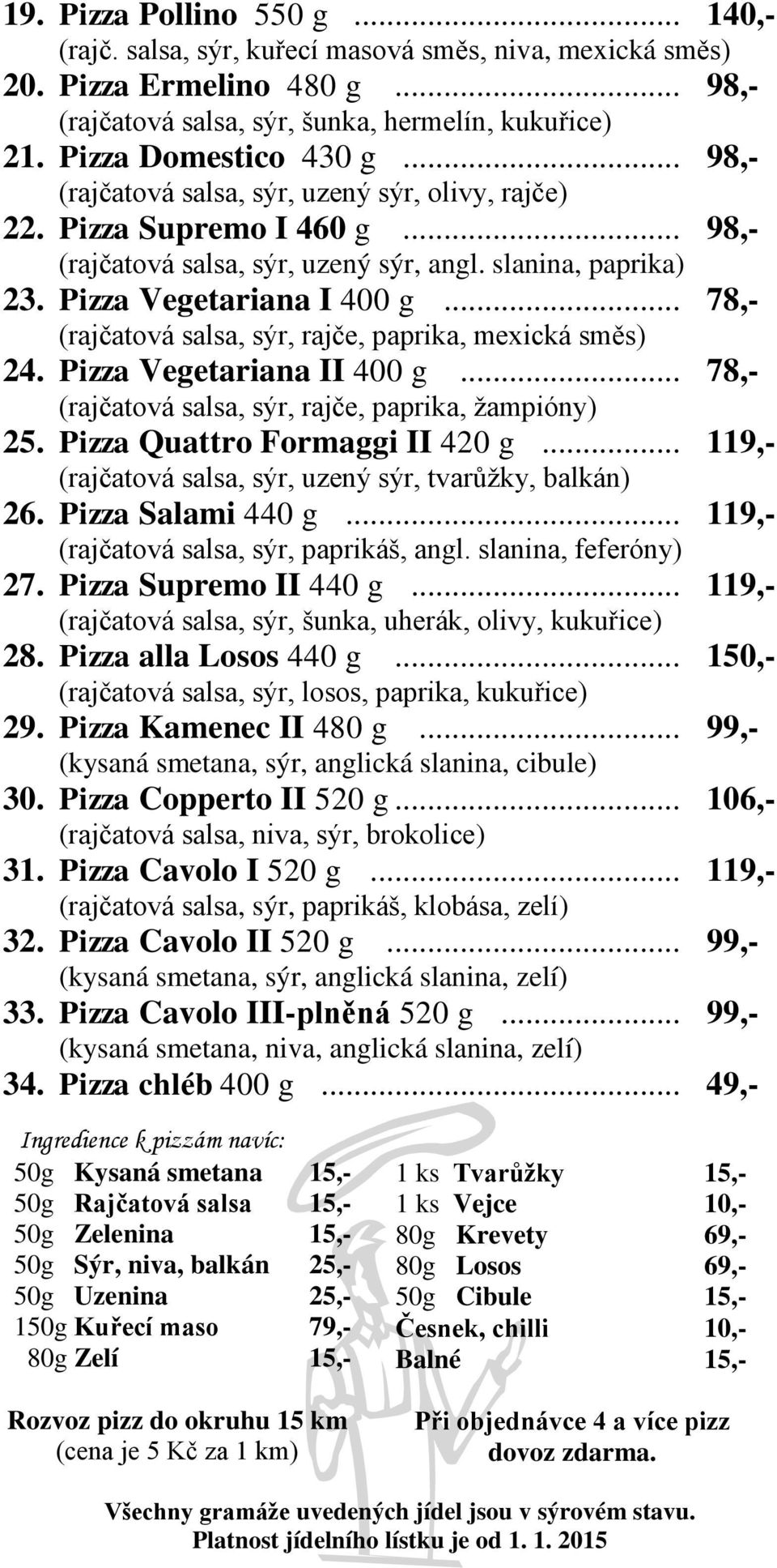 .. 78,- (rajčatová salsa, sýr, rajče, paprika, mexická směs) 24. Pizza Vegetariana II 400 g... 78,- (rajčatová salsa, sýr, rajče, paprika, žampióny) 25. Pizza Quattro Formaggi II 420 g.