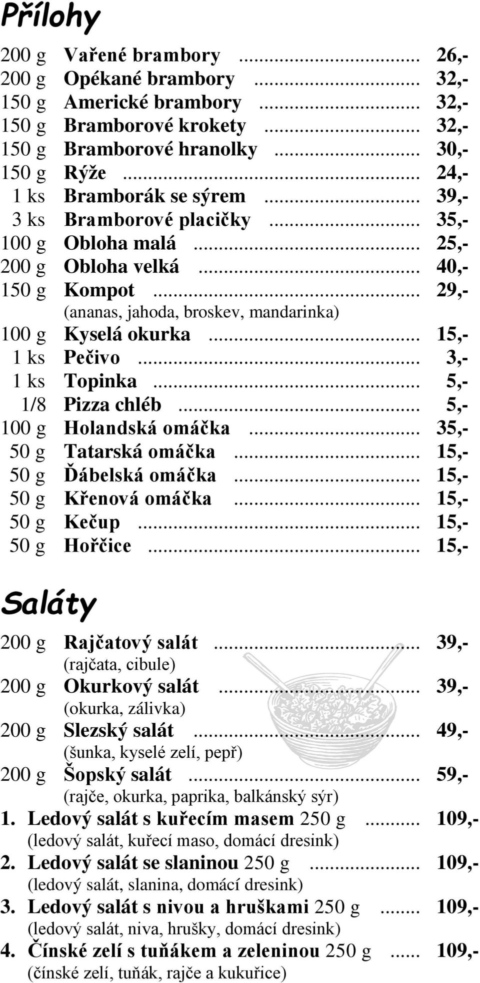 .. 29,- (ananas, jahoda, broskev, mandarinka) 100 g Kyselá okurka... 15,- 1 ks Pečivo... 3,- 1 ks Topinka... 5,- 1/8 Pizza chléb... 5,- 100 g Holandská omáčka... 35,- 50 g Tatarská omáčka.