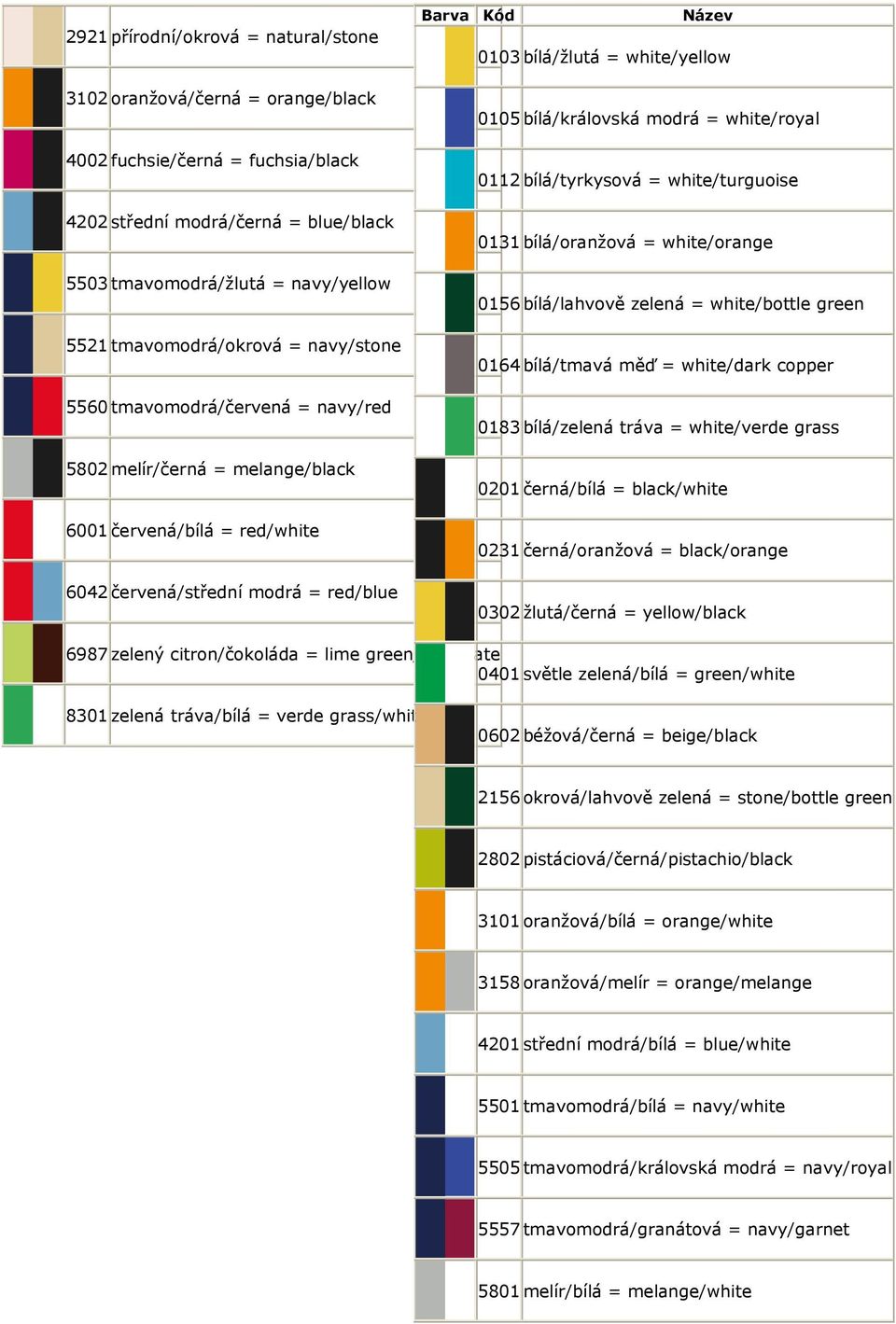 white/yellow 0105 bílá/královská modrá = white/royal 0112 bílá/tyrkysová = white/turguoise 0131 bílá/oranžová = white/orange 0156 bílá/lahvově zelená = white/bottle green 0164 bílá/tmavá měď =