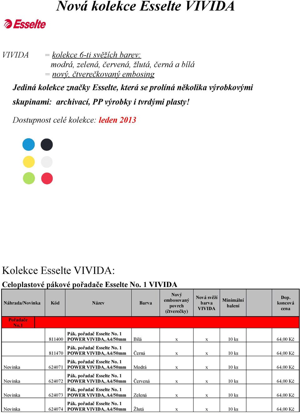 Dostupnost celé kolekce: leden 2013 Kolekce Esselte : Celoplastové pákové pořadače Esselte No. 1 Pořadače No.