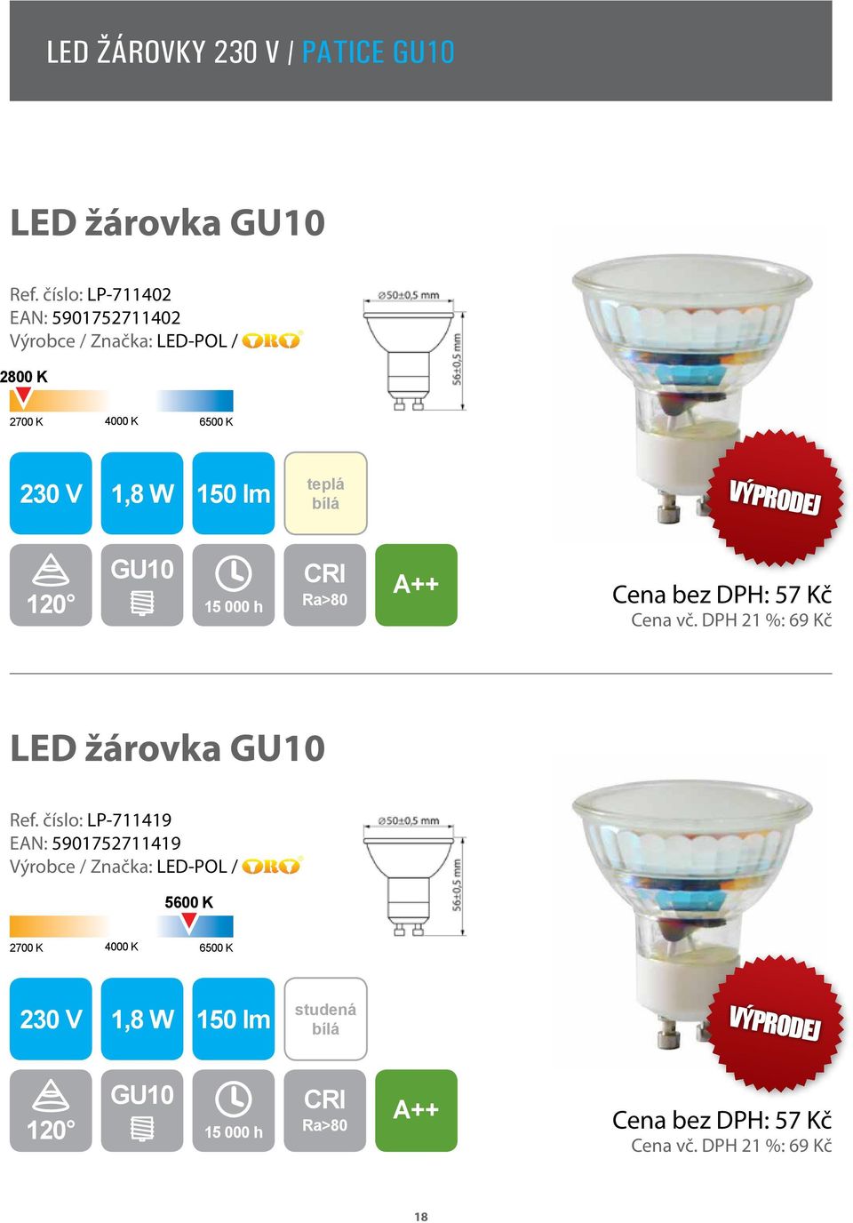 DPH: 57 Kč Cena vč. DPH 21 %: 69 Kč LED žárovka GU10 Ref.