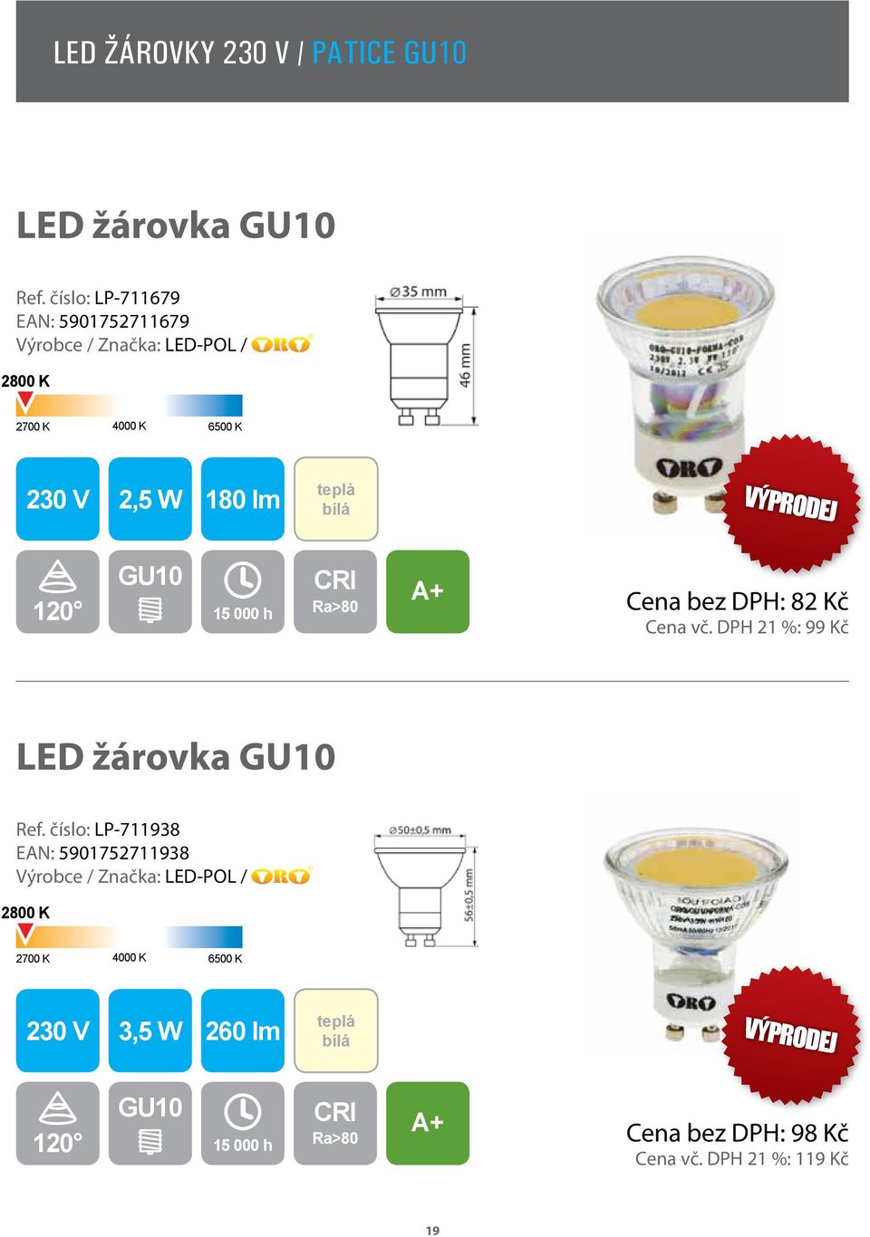 DPH: 82 Kč Cena vč. DPH 21 %: 99 Kč LED žárovka GU10 Ref.