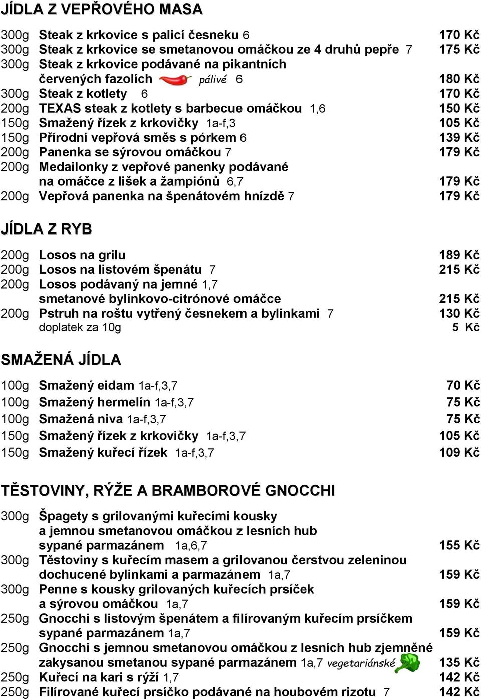 Kč 200g Panenka se sýrovou omáčkou 7 179 Kč 200g Medailonky z vepřové panenky podávané na omáčce z lišek a žampiónů 6,7 179 Kč 200g Vepřová panenka na špenátovém hnízdě 7 179 Kč JÍDLA Z RYB 200g