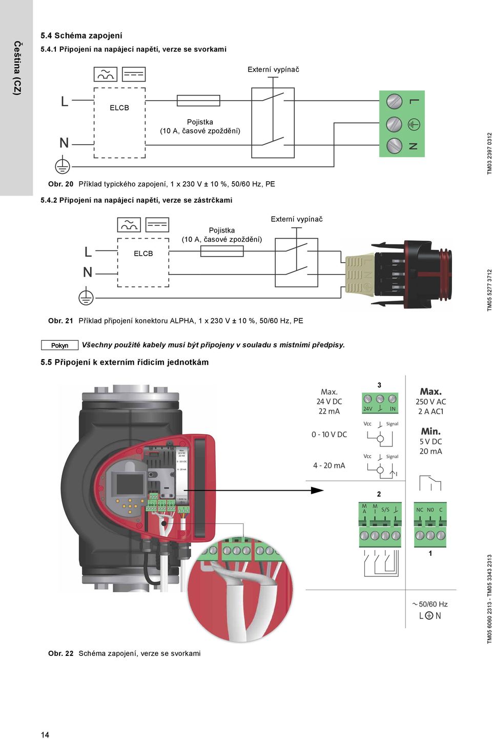 2 Připojení na napájecí napětí, verze se zástrčkami ELCB Pojistka (10 A, časové zpoždění) Externí vypínač TM05 5277 3712 Obr.