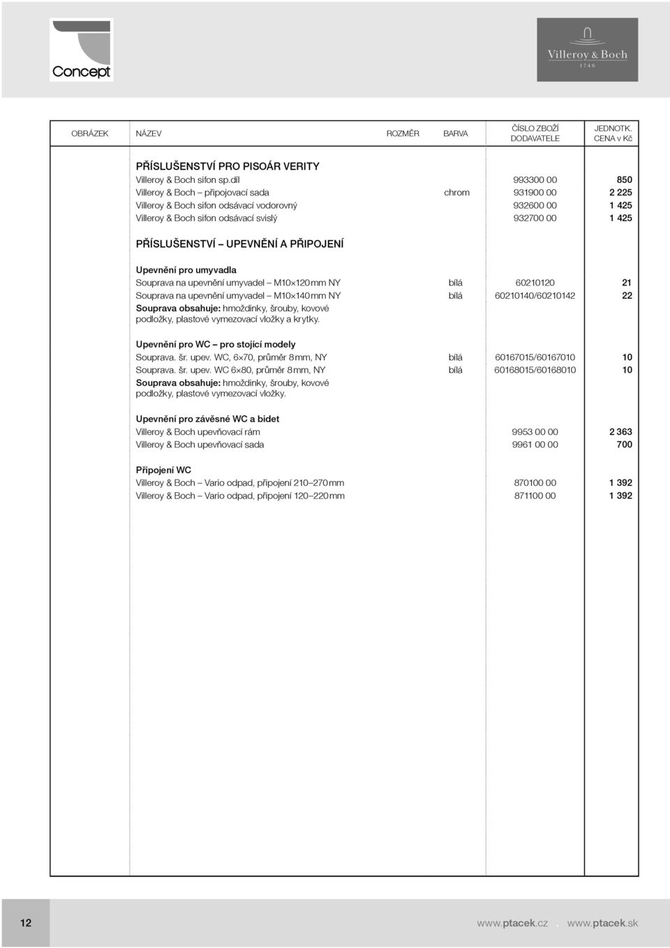 UPEVNĚNÍ A PŘIPOJENÍ Upevnění pro umyvadla Souprava na upevnění umyvadel M10 120 mm NY bílá 60210120 21 Souprava na upevnění umyvadel M10 140 mm NY bílá 60210140/60210142 22 Souprava obsahuje: