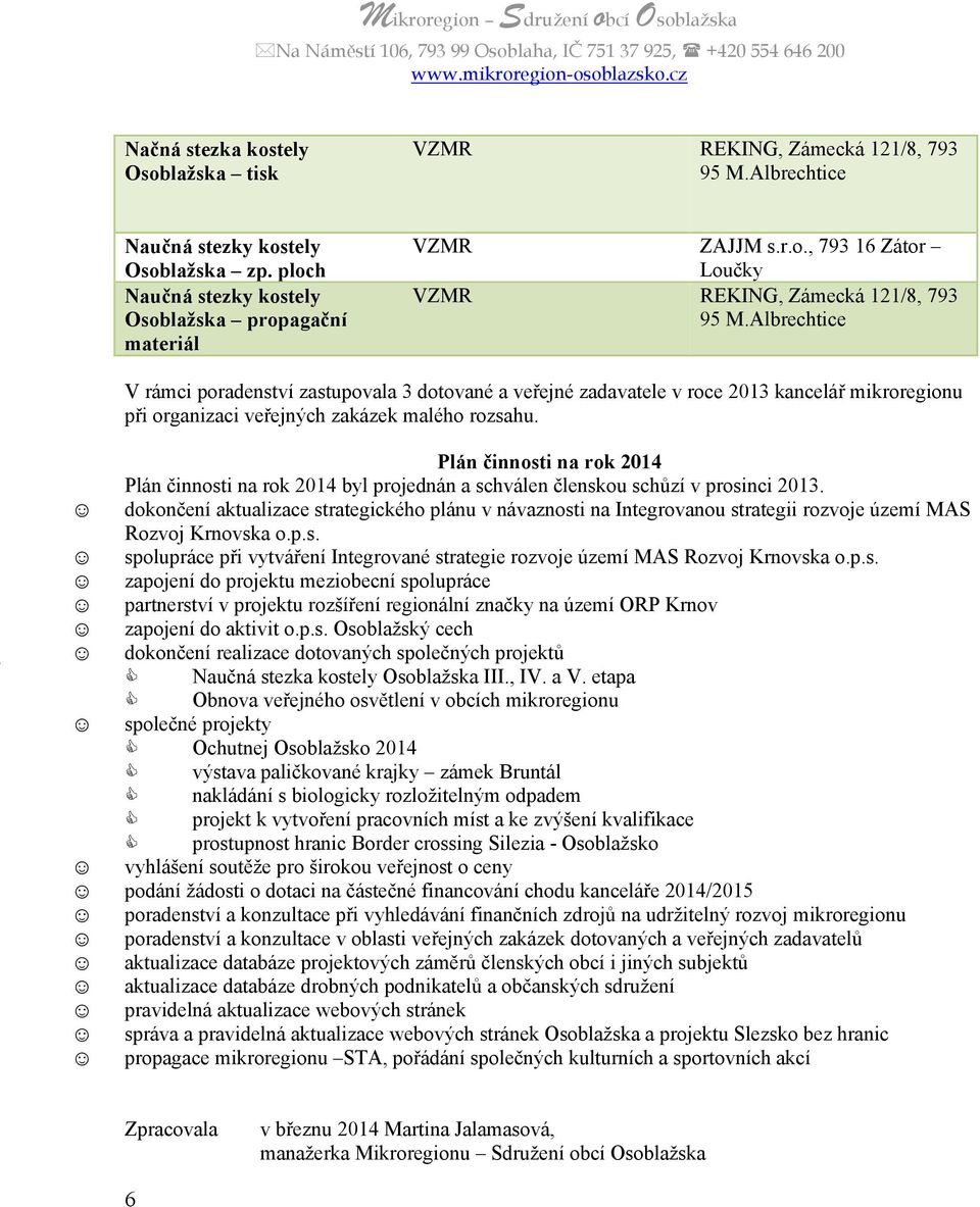 Plán činnosti na rok 2014 Plán činnosti na rok 2014 byl projednán a schválen členskou schůzí v prosinci 2013.