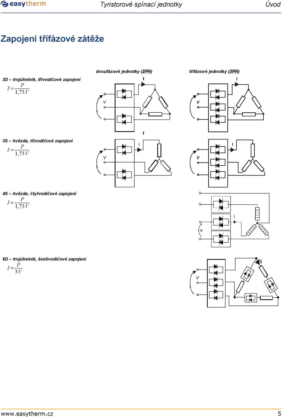 P 1,73 3S hvězda, třívodičové zapojení I= P 1,73 4S hvězda,