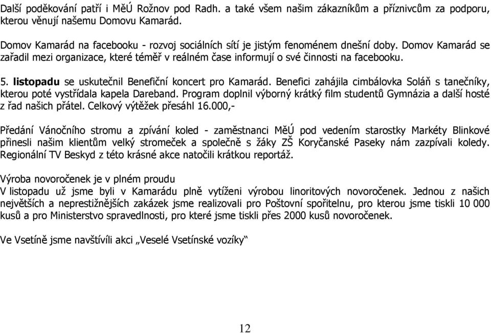 listopadu se uskutečnil Benefiční koncert pro Kamarád. Benefici zahájila cimbálovka Soláň s tanečníky, kterou poté vystřídala kapela Dareband.