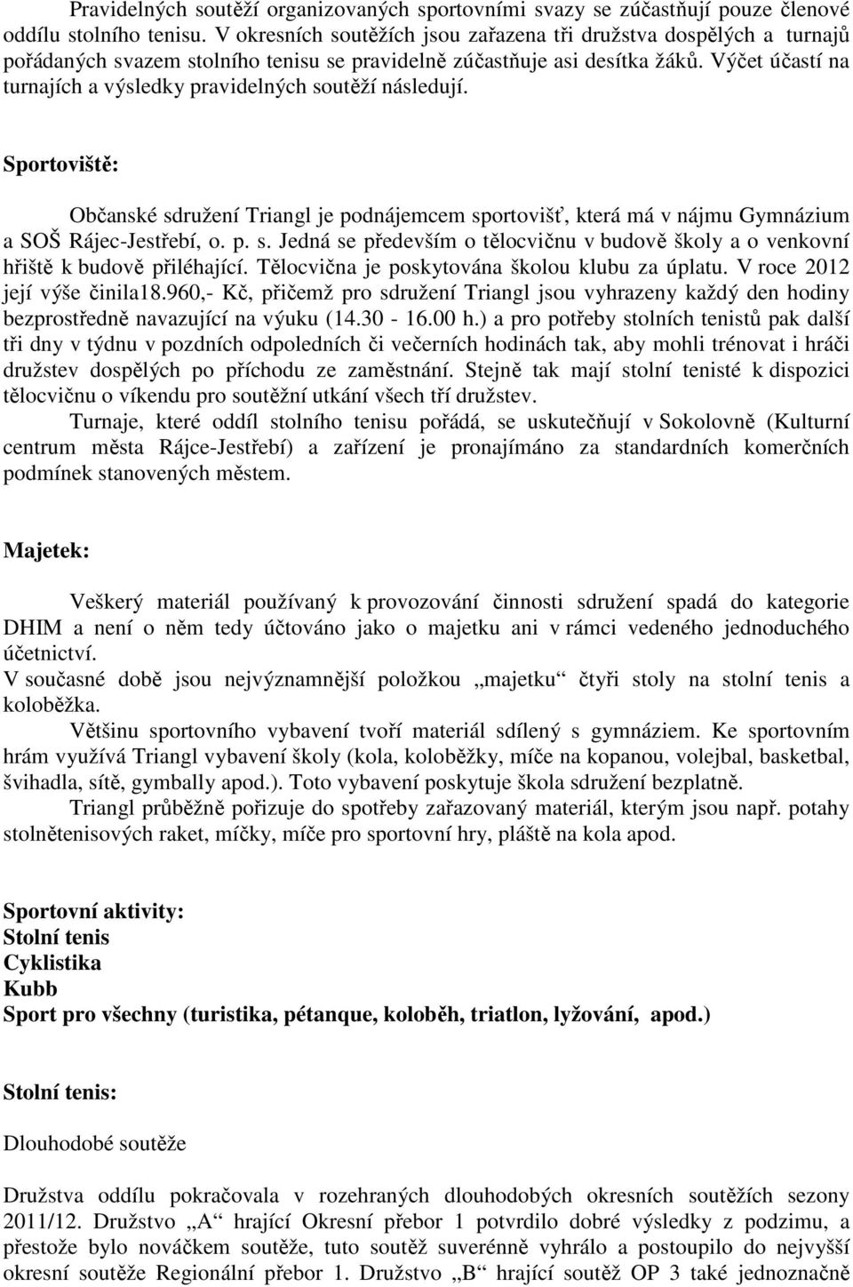 Výčet účastí na turnajích a výsledky pravidelných soutěží následují. Sportoviště: Občanské sdružení Triangl je podnájemcem sportovišť, která má v nájmu Gymnázium a SOŠ Rájec-Jestřebí, o. p. s. Jedná se především o tělocvičnu v budově školy a o venkovní hřiště k budově přiléhající.