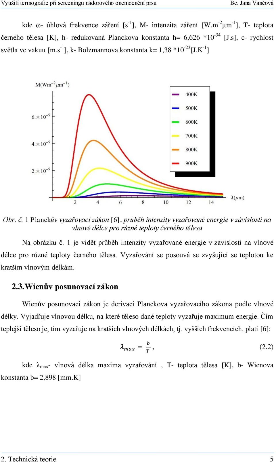 1 Planckův vyzařovací zákon [6], průběh intenzity vyzařované energie v závislosti na vlnové délce pro různé teploty černého tělesa Na obrázku č.