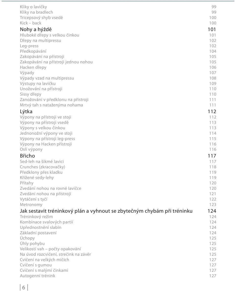 předklonu na přístroji 111 Mrtvý tah s nataženýma nohama 111 Lýtka 112 Výpony na přístroji ve stoji 112 Výpony na přístroji vsedě 113 Výpony s velkou činkou 113 Jednonožní výpony ve stoji 114 Výpony