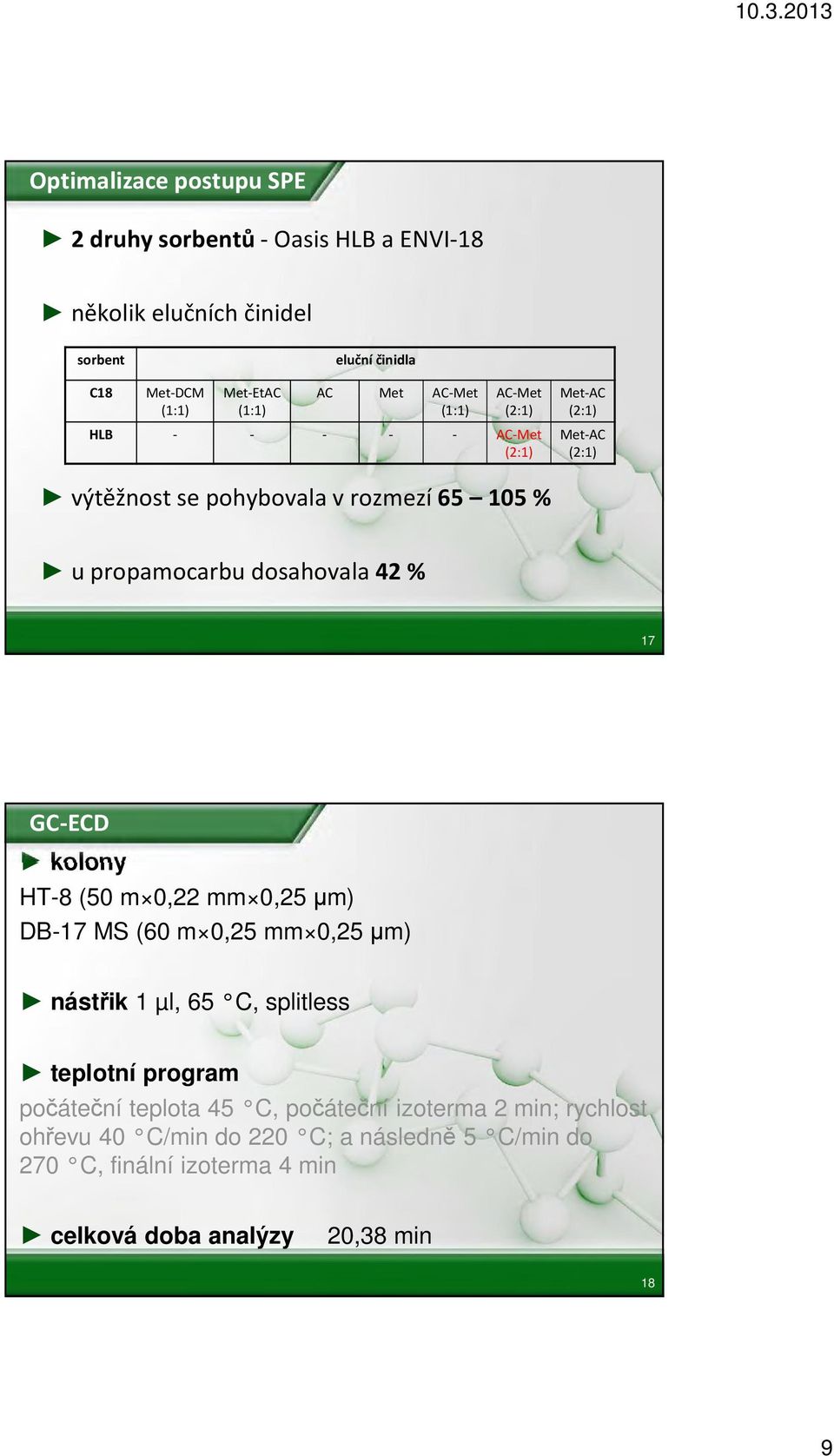 dosahovala 42 % 17 GC-ECD kolony HT-8 (50 m 0,22 mm 0,25 µm) DB-17 MS (60 m 0,25 mm 0,25 µm) nástřik 1 µl, 65 C, splitless teplotní program počáteční