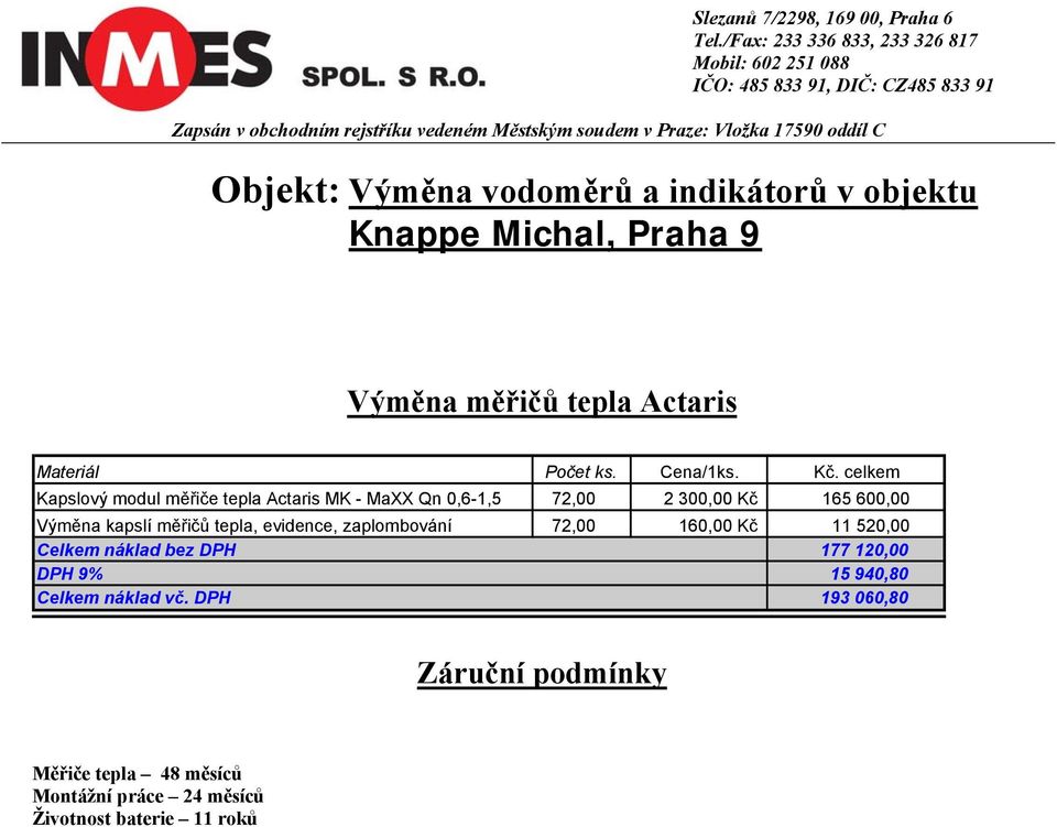 kapslí měřičů tepla, evidence, zaplombování 72,00 160,00 Kč 11 520,00 Celkem náklad bez DPH 177